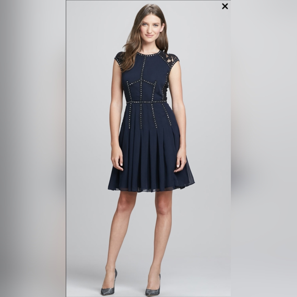 Navy Rebecca Taylor stud-trim lace-back cocktail dress